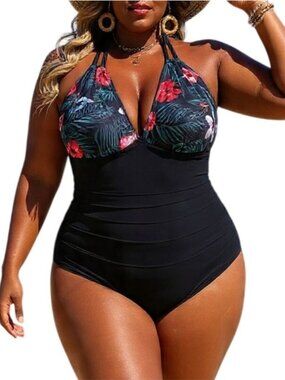Aqua Eve Plus Size 22W Swimsuit One-Piece Floral Halter Ruched Tummy Control
